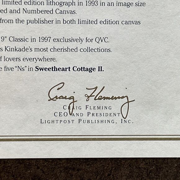 Vtg Thomas Kinkade Sweetheart Cottage 2 Framed Canvas Classics Collection W/ COA - Picture 14 of 15